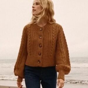 DOEN Bernadette Cropped Cardigan, Medium, Tabac Brown, Wool, Balloon Sleeves